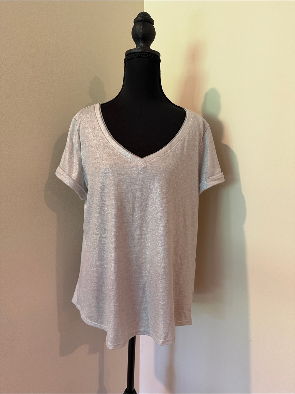 White House Black Market Silver V-Neck Short Sleeve Tee